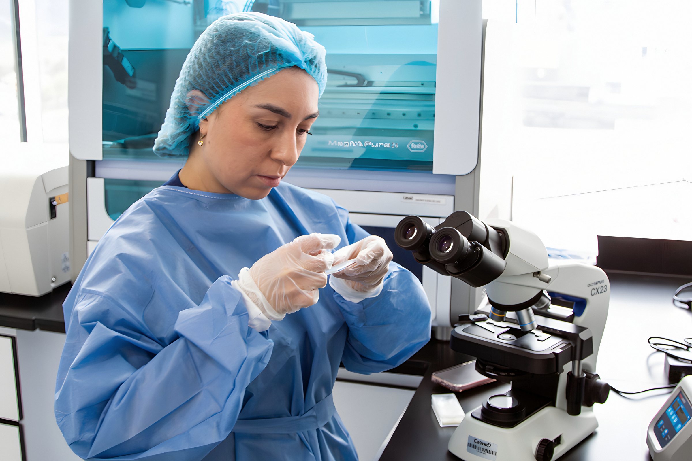 Profesional de CAIMED con gorro y bata prepara una muestra junto al microscopio, en el laboratorio