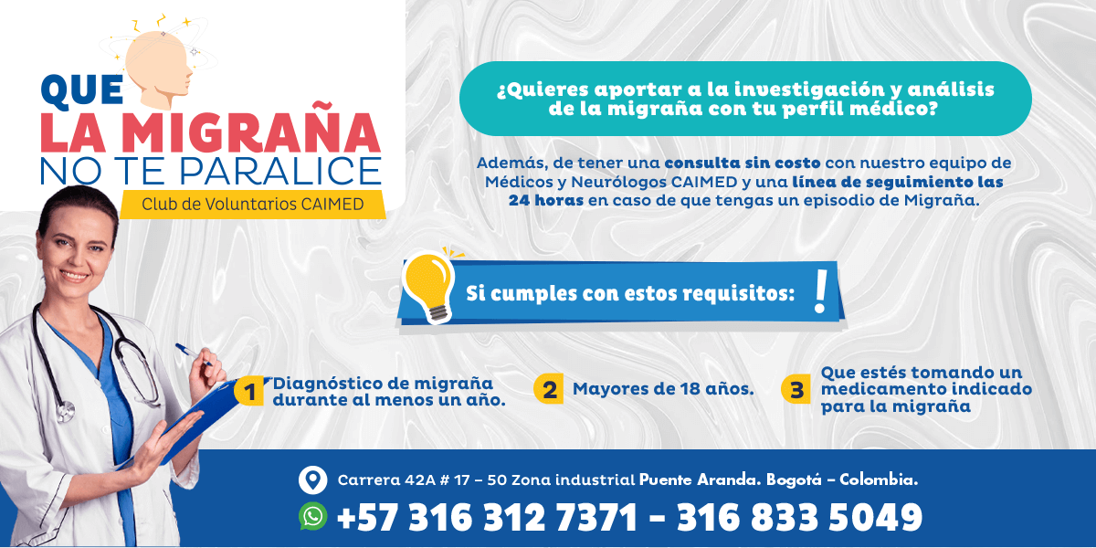 Banner voluntarios Migraña Caimed Centro de atención investigación Colombia